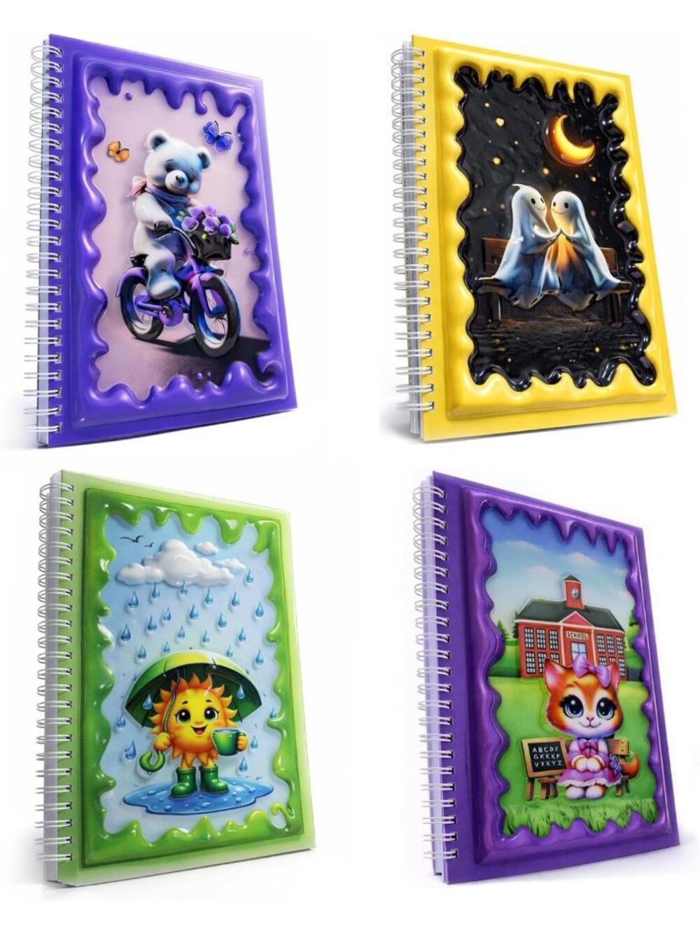 Cute 3D Glossy Spiral Notebooks - 4 Pack, 160 Pages, Kids School Supplies